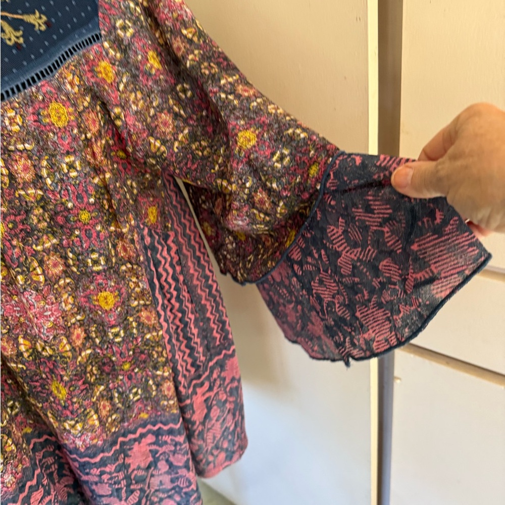 Floral Bohemian Blouse with Pink and Yellow Accents - Picture 2 of 6